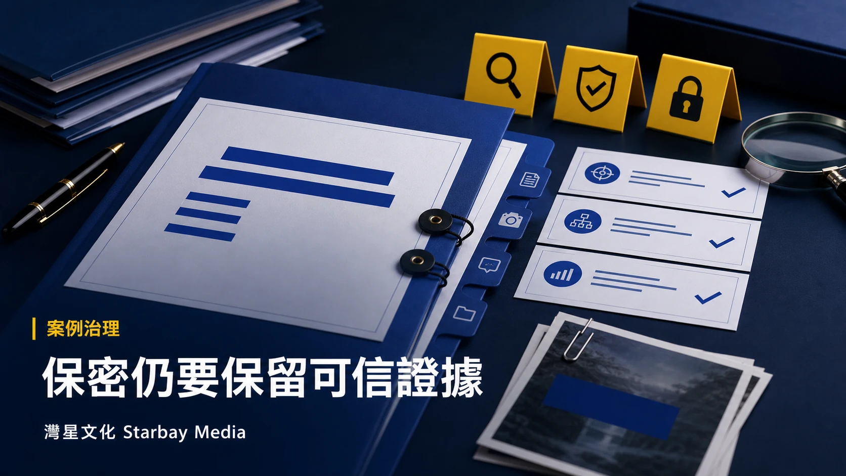 灣星文化 Starbay Media「保密仍要保留可信證據」文章封面，以深藍、皇家藍、白與黃色編輯圖形表達匿名案例如何保留證據又保護客戶