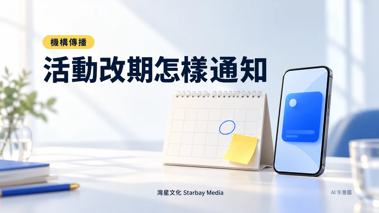 AI 示意图:無文字桌曆与手机公告卡,呈现活动改期时集中更新信息的概念
