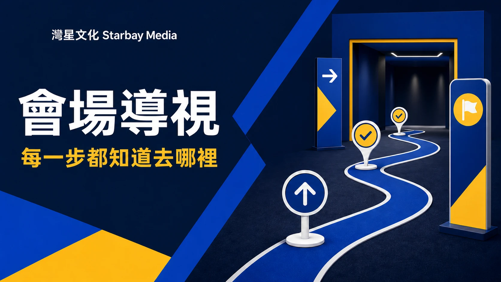 灣星文化 Starbay Media「每一步都知道去哪裡」文章封面，以深藍、皇家藍、白與黃色編輯圖形表達會場導視系統的資訊層級：讓參加者每一步都知道去哪裡