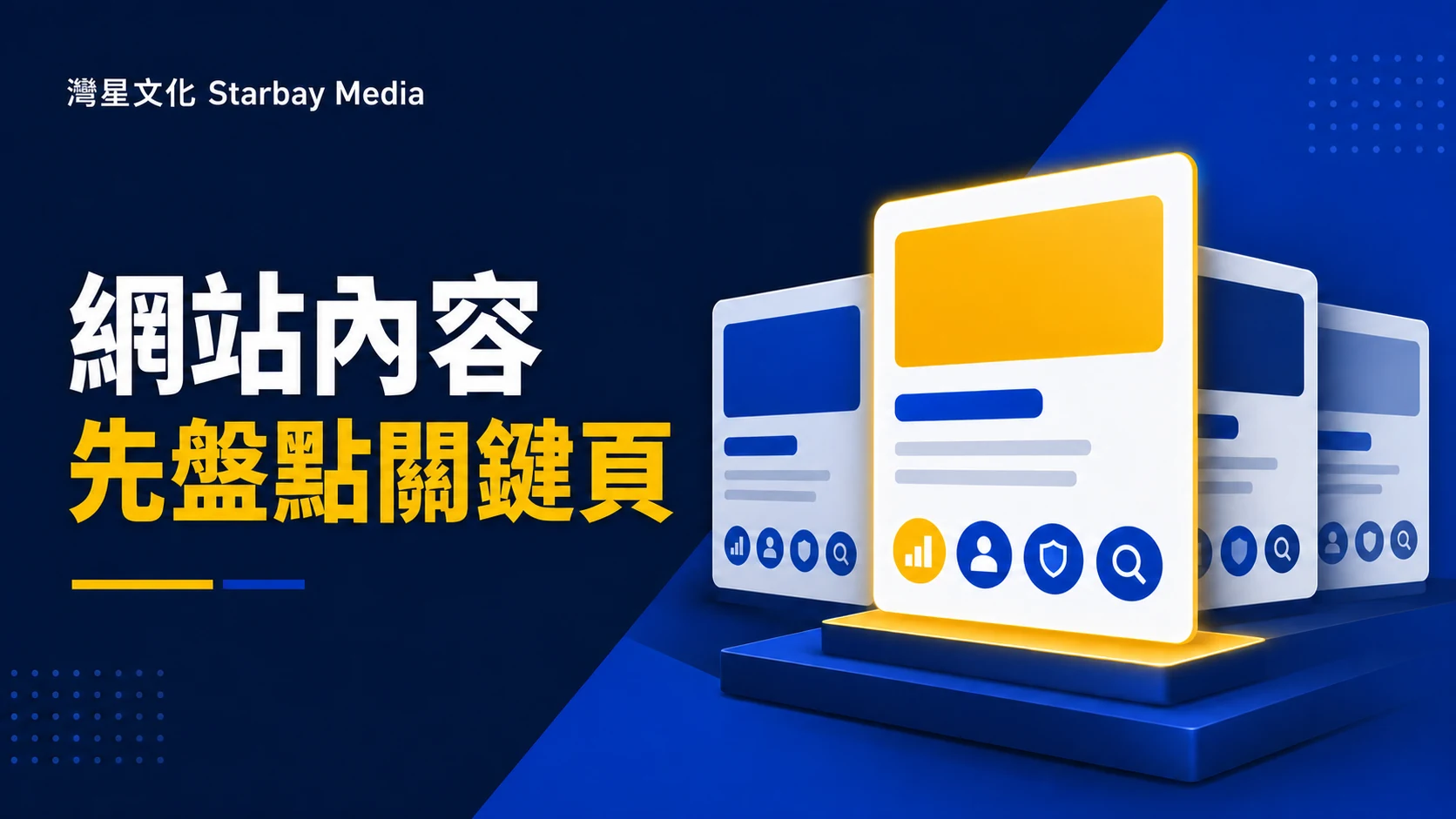灣星文化 Starbay Media「先盤點關鍵頁」文章封面，以深藍、皇家藍、白與黃色編輯圖形表達網站內容盤點應從哪些頁面開始？以商業價值與搜尋風險排序